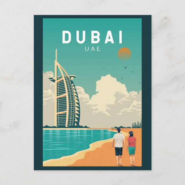 Cartão Postal Dubai Emirados Árabes Unidos Arte de Viagem Retro (Frente)