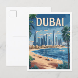 Cartão Postal Dubai Emirados Árabes Unidos Arte Ilustração Vinta