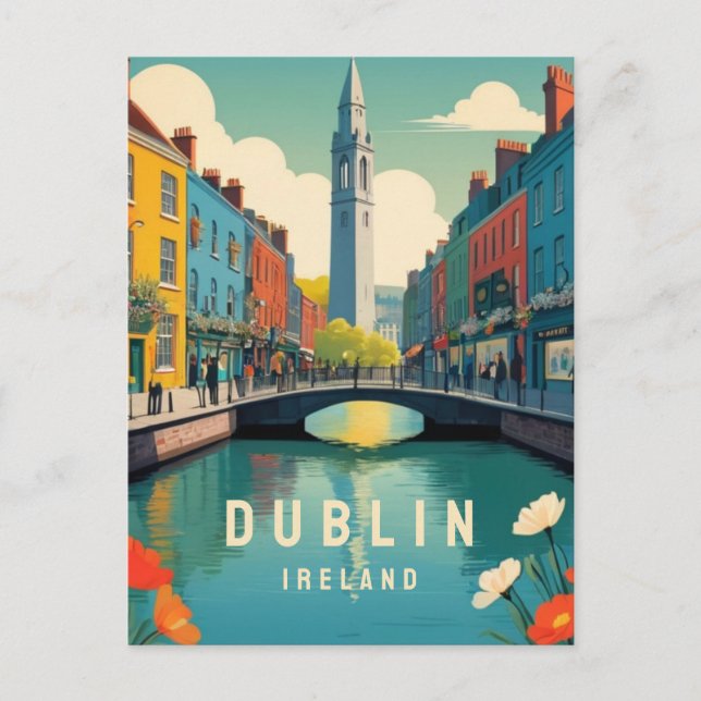 Cartão Postal Dublin Irlanda Retro Viagem Art Floral Tower River (Frente)