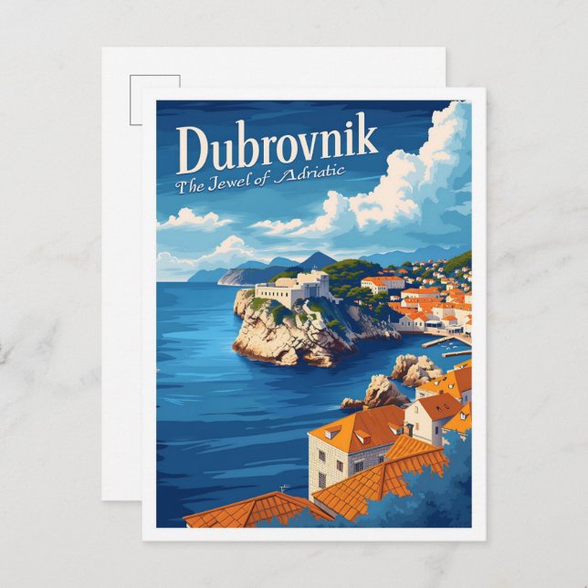 Cartão Postal Dubrovnik Croácia Art Viagem Place Illustration (Frente/Verso)