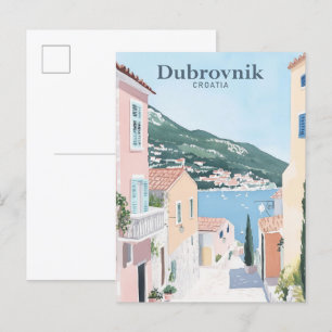 Cartão Postal Dubrovnik Croácia Gouache Illustração Viagem