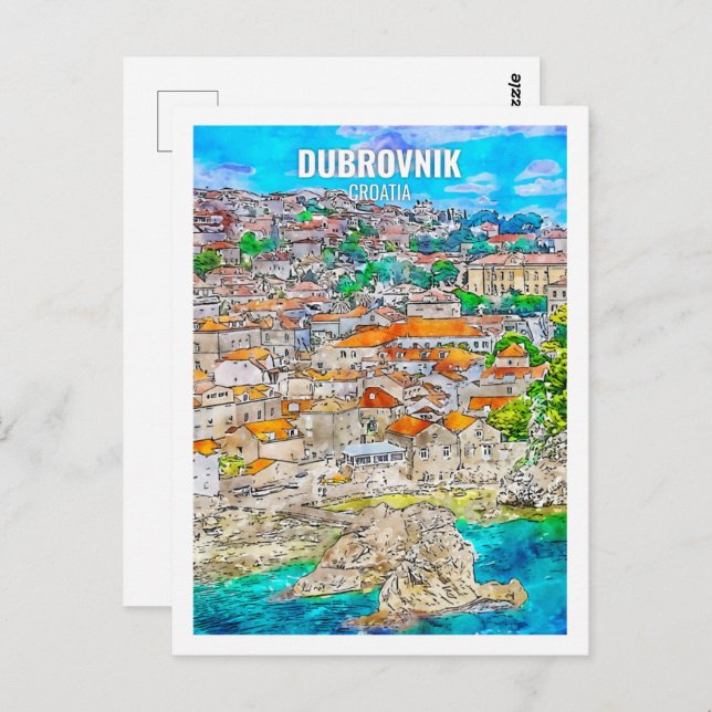 Cartão Postal Dubrovnik Croácia Local de Viagem Aquarela (Frente/Verso)