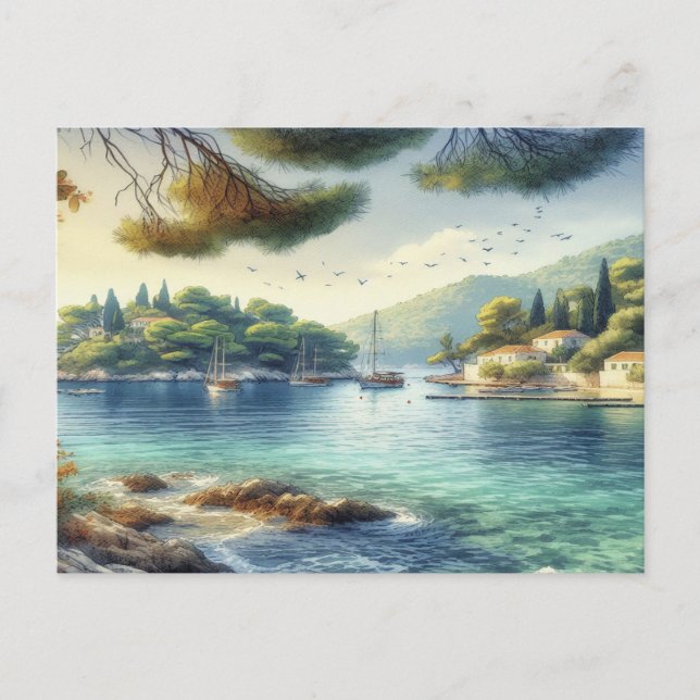 Cartão Postal Dubrovnik Croácia Mljet watercolor (Frente)