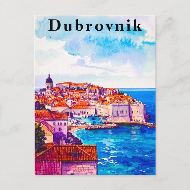 Cartão Postal Dubrovnik Retro Watercolor Old Town Viagem (Frente)