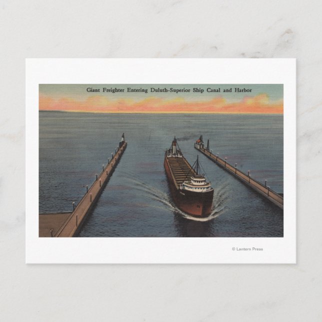Cartão Postal Duluth, MN - Vista do Cargueiro Entrando na Entreg (Frente)