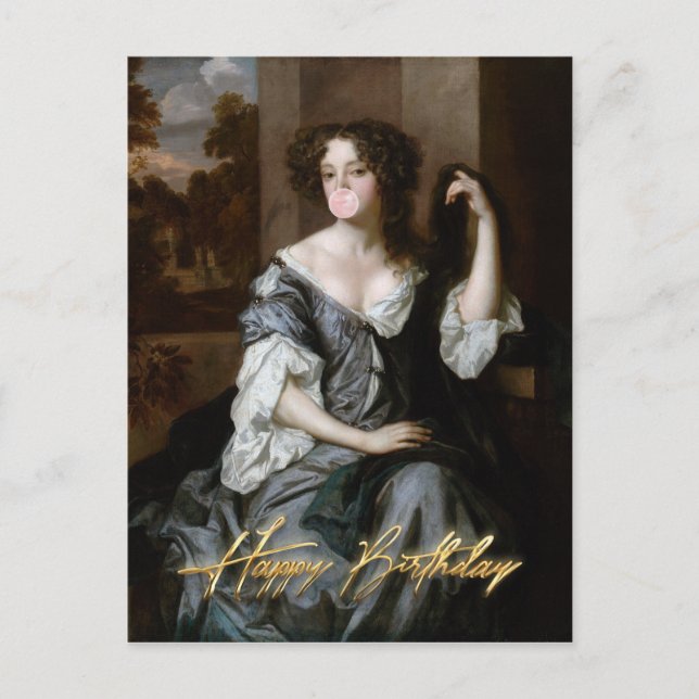 Cartão Postal Duquesa soprando um chiclete rosa Feliz Aniversári (Frente)