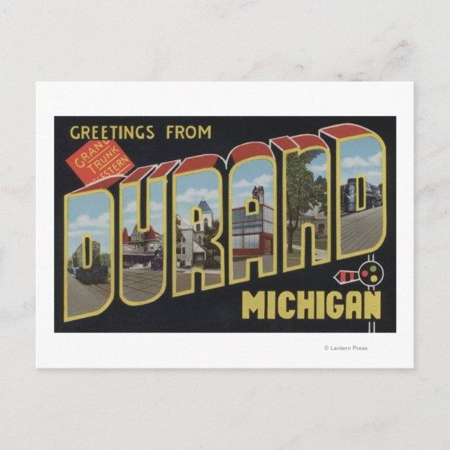 Cartão Postal Durand, Michigan - Cenas com Letras Grandes (Frente)