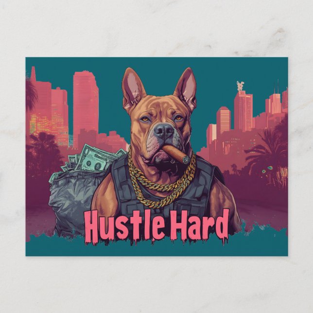 Cartão Postal Duro de Hustle - Cachorro Pitbull com Dinheiro e C (Frente)