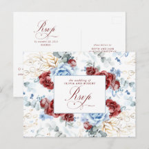 Dusty Blue and Burgundy Red Wedding RSVP Postcard