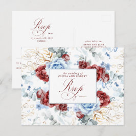 Cartão Postal Dusty Blue and Burgundy Red Wedding RSVP Postcard