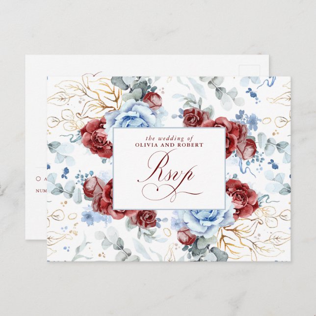 Cartão Postal Dusty Blue and Burgundy Red Wedding RSVP Postcard (Frente/Verso)