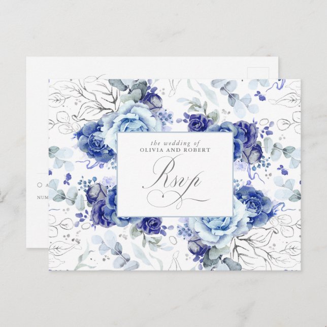 Cartão Postal Dusty Blue and Silver Wedding RSVP Postcard (Frente/Verso)