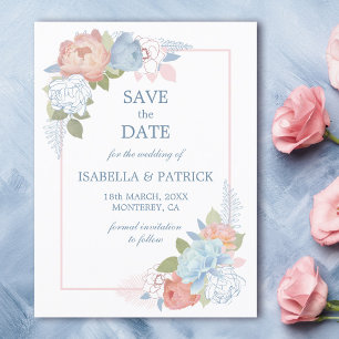 Cartão Postal Dusty Blue Blush Rosa Rosa Floral Salva a Data
