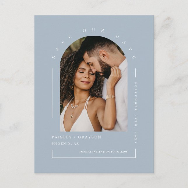 Cartão Postal Dusty Blue Boho Arch Photo Código QR Salve a nossa (Frente)