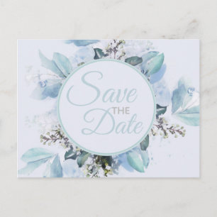 Cartão Postal Dusty Blue Botanical Watercolor Salvar a Data