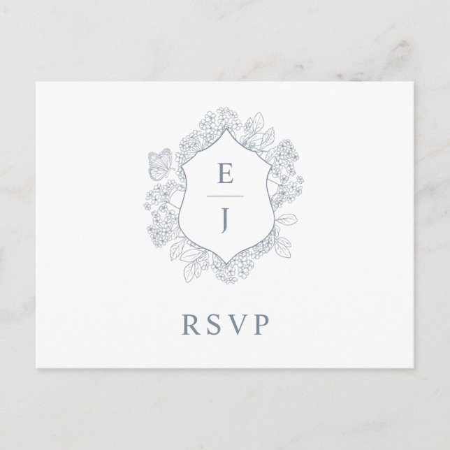 Cartão Postal Dusty Blue Floral Crest Monograma Casamento RSVP (Frente)