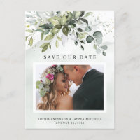 Dusty Blue Greenery Foto de Casamento Salve a Data