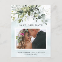 Dusty Blue Greenery Foto de Casamento Salve a Data