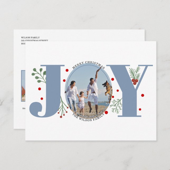 Cartão Postal Dusty blue Joy, bagas, foto de Natal (Frente/Verso)
