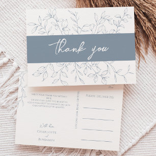 Cartão Postal Dusty Blue Minimal Casamento de Folha Obrigado