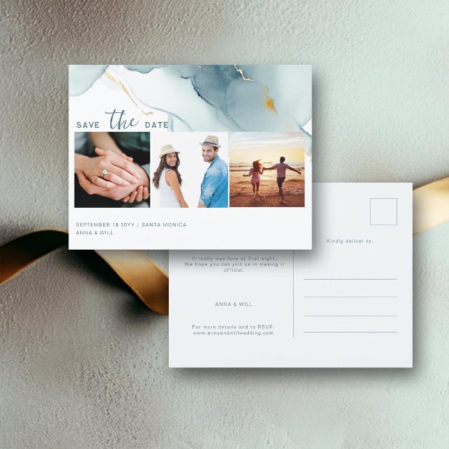Cartão Postal Dusty Blue Modern Weding 3 Fotos Salvar Data (dusty blue modern beach wedding photo save the date postcard romantic elegant bohemian summer chic)