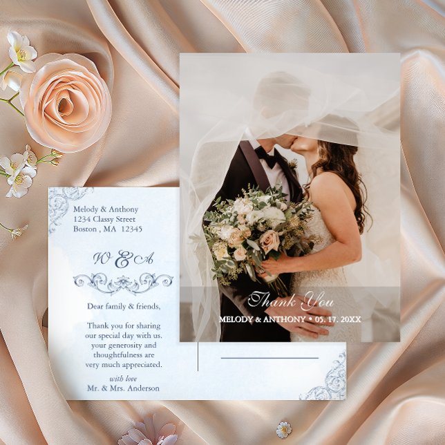 Cartão Postal Dusty Blue Photo Wedding Thank You (Criador carregado)