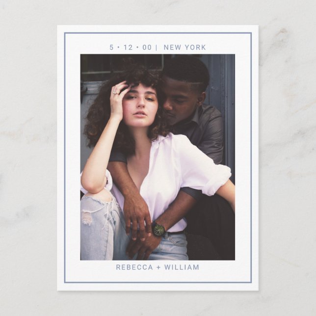 Cartão Postal Dusty Blue Photo Weding Date (Frente)