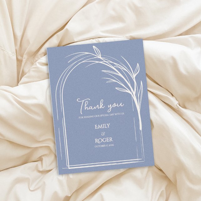 Cartão Postal Dusty Blue Simple Arch Botanical Wedding Thank You (Dusty Blue Minimalist Arch Botanical Wedding Thank You Card | Elegant Modern Wedding Thank You)