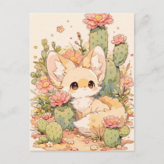 Cartão Postal Dusty Coral Bloom Kawaii Fennec Fox
