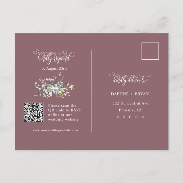 Cartão Postal Dusty Purple Green deixa QR Code Address RSVP (Verso)