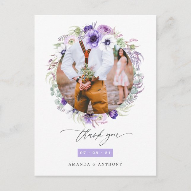 Cartão Postal Dusty Violet Pastel Floral Foto de Casamento Obrig (Frente)
