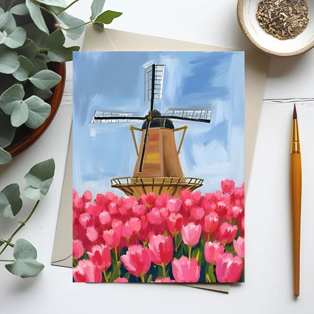 Cartão Postal Dutch Windmill Tulip Flower Field Watercolor (Criador carregado)