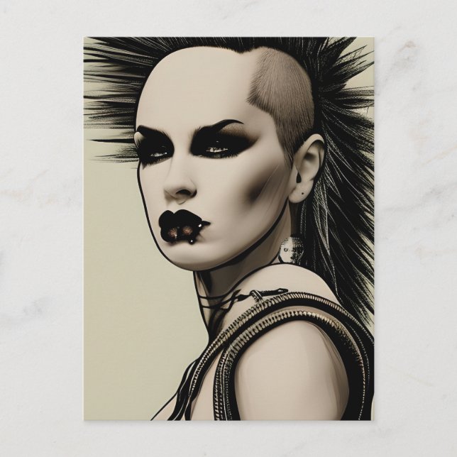 Cartão Postal Dystopian Mulher Punk Rocker Mohawk e Piercings (Frente)