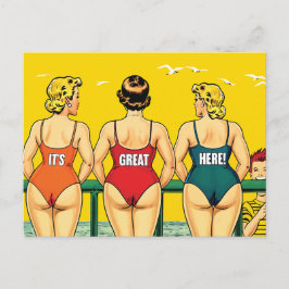 Cartão Postal É ótimo aqui, mulheres bonitas na praia, engraçado