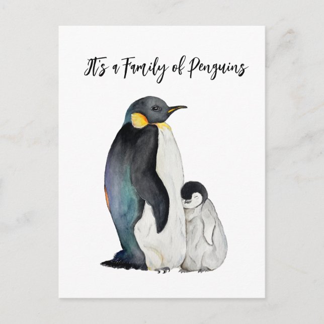 Cartão Postal É uma família de pinguins desenhando aquarela (Frente)