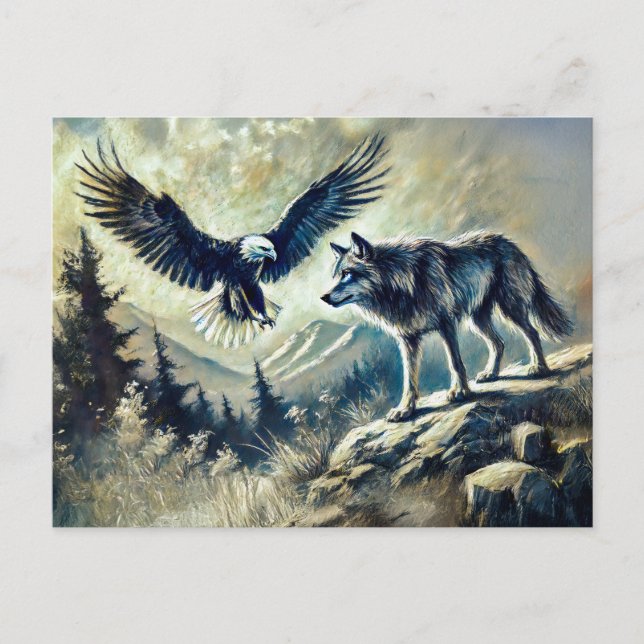 Cartão Postal Eagle and Wolf in Wild Landscape (Frente)