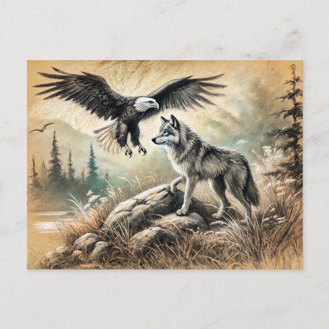 Cartão Postal Eagle and Wolf in Wild Landscape (Frente)