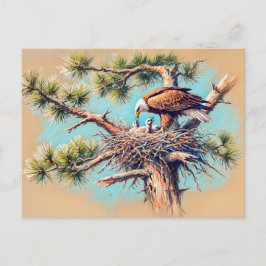 Cartão Postal Eagle Feeding Young in Nest on Pine Tree Pastel