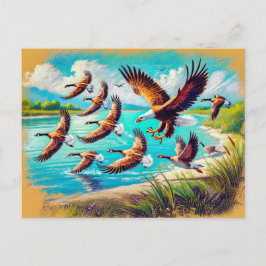Cartão Postal Eagle Hunting Wild Geese pelo lago Pastel Chalk