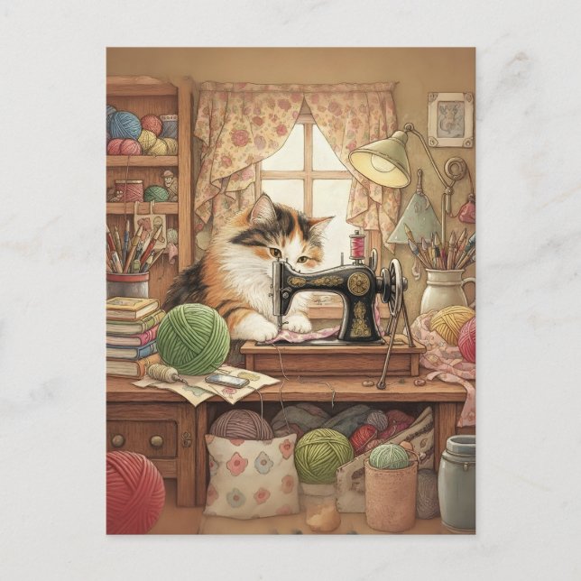 Cartão Postal Easily Distracted By Cats And Sewing - Cat Sewing (Frente)