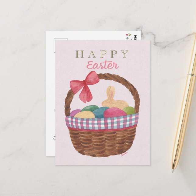 Cartão Postal Easter Basket Greeting Card- Golden Bunny and Eggs (Frente/Verso In Situ)