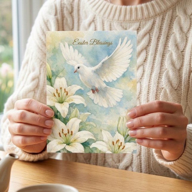 Cartão Postal Easter Blessings Christian Dove & Lily Watercolor (Criador carregado)