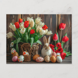 Cartão Postal Easter bunny seated beside colorful eggs and tulip