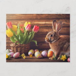 Cartão Postal Easter bunny seated beside colorful eggs and tulip