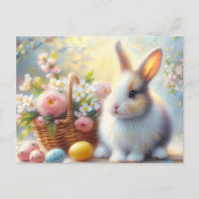 Cartão Postal Easter Bunny with Basket and Painted Eggs Postcard (Frente)