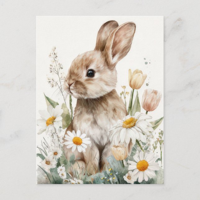 Cartão Postal Easter Postcard with Flowers and Easter Bunny (Frente)