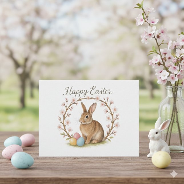 Cartão Postal Easter Rabbit and Cherry Blossom Wreath  (Criador carregado)