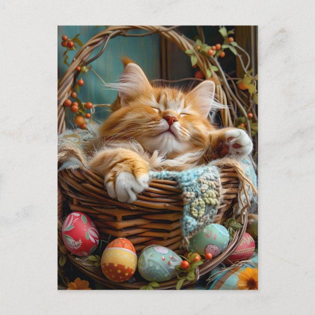 Cartão Postal Easter Season Cute Cat Sleeping in Wicker Basket (Frente)