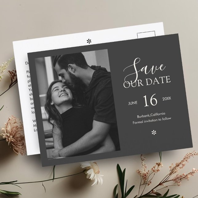 Cartão Postal Ebony & Ivory | Chic Minimal Save the Date Photo (Criador carregado)