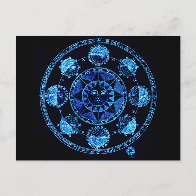 Cartão Postal Eclipses do Sol Zodiac Azul Alterado (Frente)